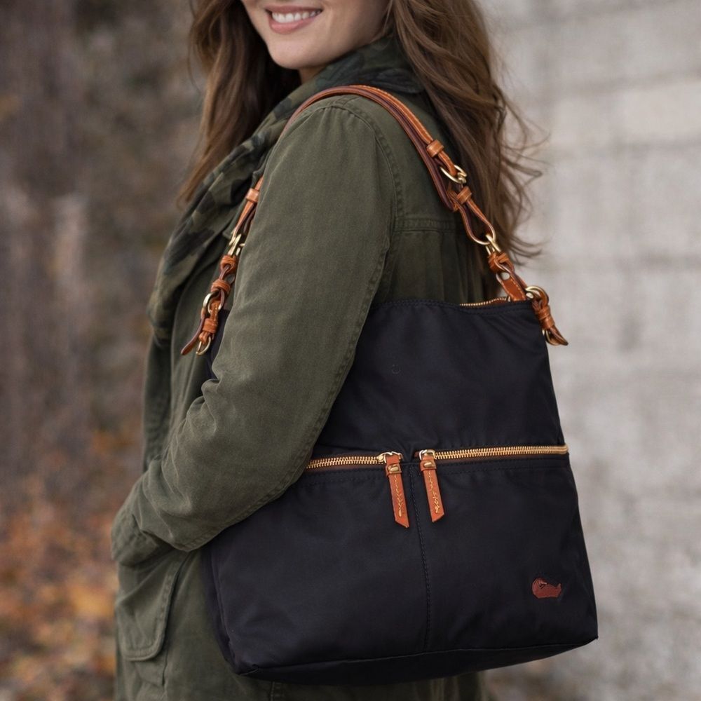 Dooney & Bourke Nylon Hobo Shoulder Bag – Black w/ Tan Leather Trim – Large